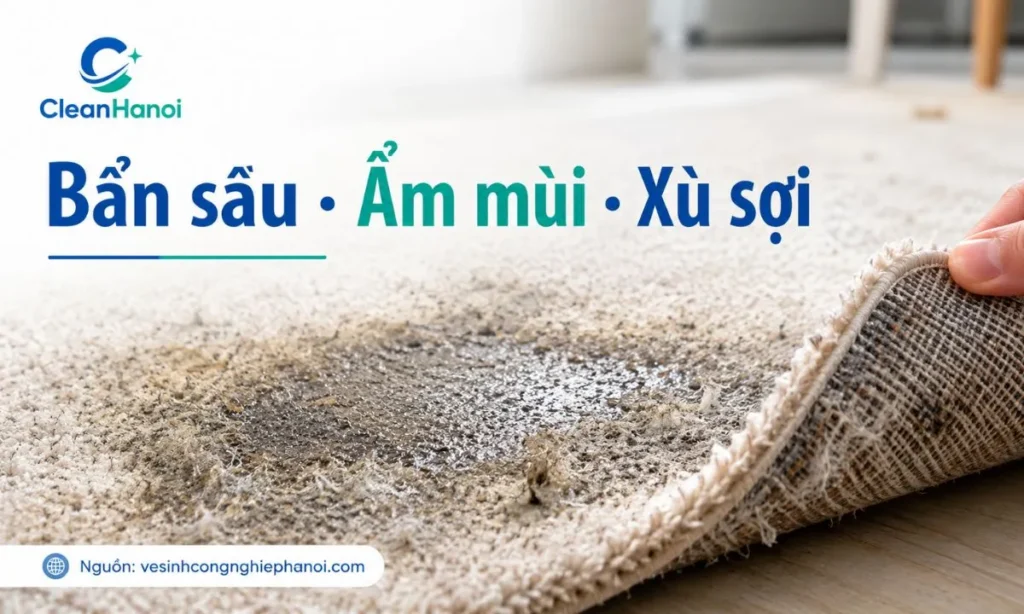 Thảm trải sàn bị tình trạng bẩn sâu ẩm mùi xù sợi do vệ sinh sai quy trình kỹ thuật