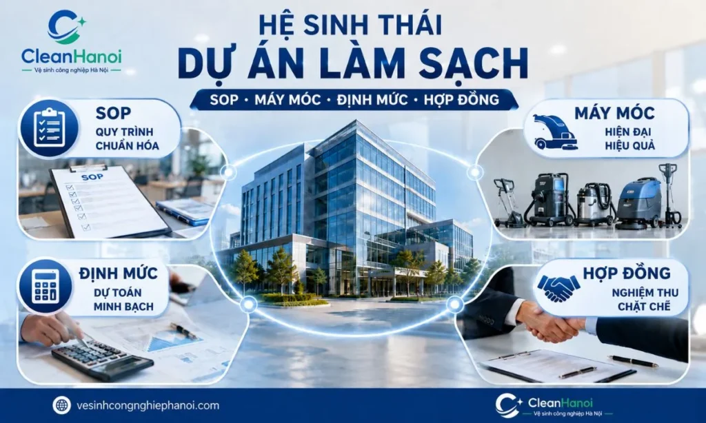 Hình ảnh minh họa hệ sinh thái vận hành một dự án vệ sinh công nghiệp chuyên nghiệp gồm quy trình SOP, thiết bị thi công, dự toán định mức, hợp đồng và nghiệm thu chất lượng.