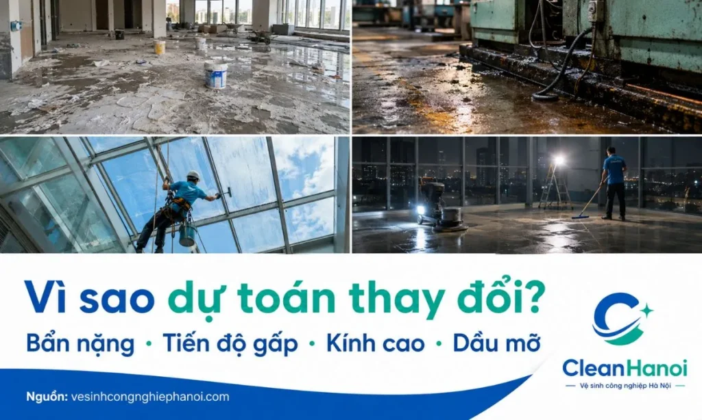 Hình ảnh minh họa các yếu tố làm thay đổi dự toán vệ sinh công nghiệp như mức độ bám bẩn, diện tích, tiến độ gấp, thi công ban đêm, kính cao, giếng trời, nhà xưởng nhiều dầu mỡ và yêu cầu an toàn.