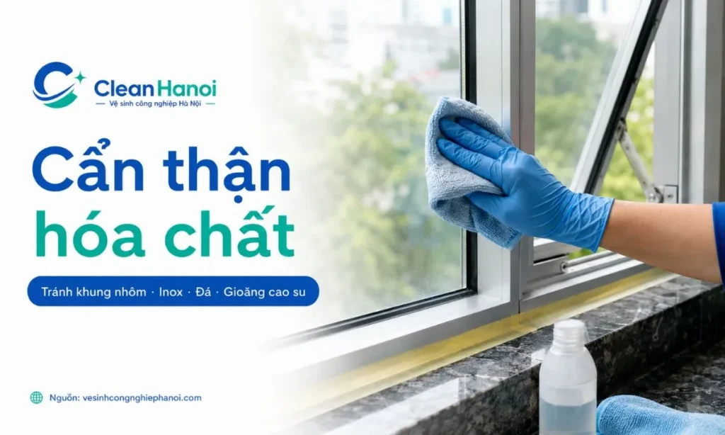 Dùng hóa chất tẩy xi măng và dung môi lau kính sau xây dựng cần tránh khung nhôm, inox, đá và gioăng cao su