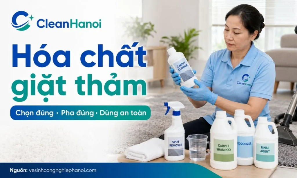 Nhân viên kiểm tra hóa chất giặt thảm trước khi sử dụng, minh họa cách chọn đúng dung dịch giặt thảm để hạn chế bết sợi, mùi ẩm và cặn hóa chất.