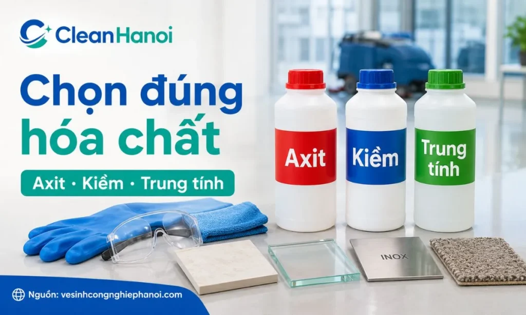 Hóa chất vệ sinh công nghiệp cần chọn đúng theo sàn đá, kính, inox, gỗ, thảm và khu bếp