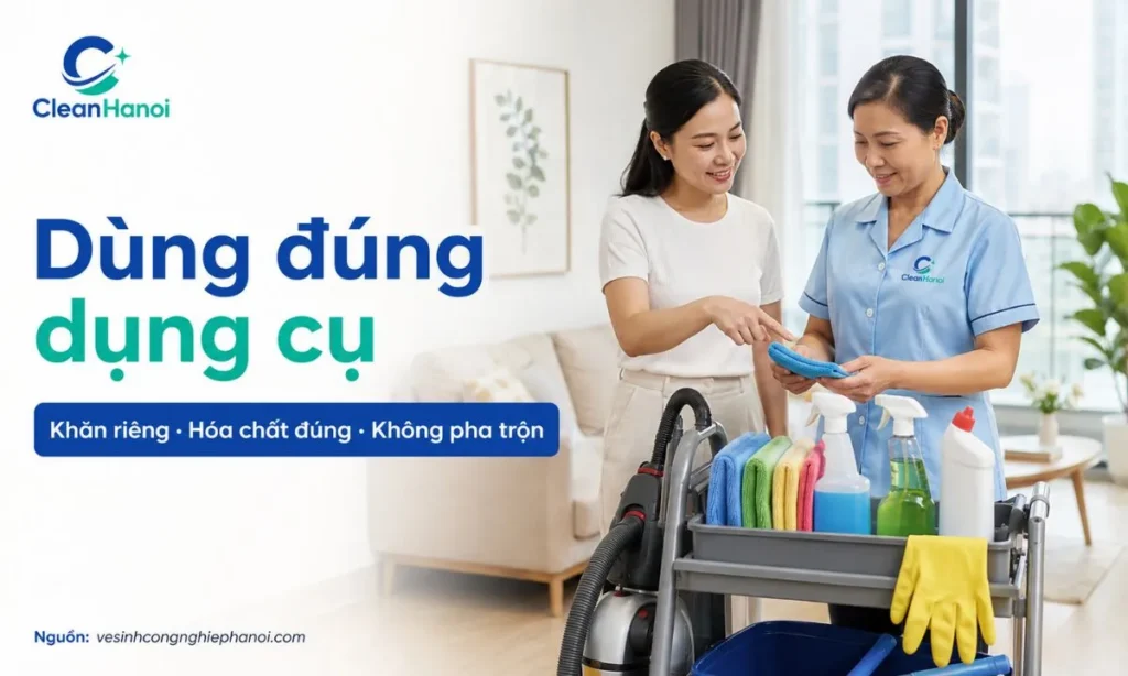 Hình ảnh minh họa việc hướng dẫn người giúp việc sử dụng đúng máy hút bụi, khăn lau riêng, cây lau nhà, dung dịch lau kính, nước lau sàn và hóa chất nhà vệ sinh.
