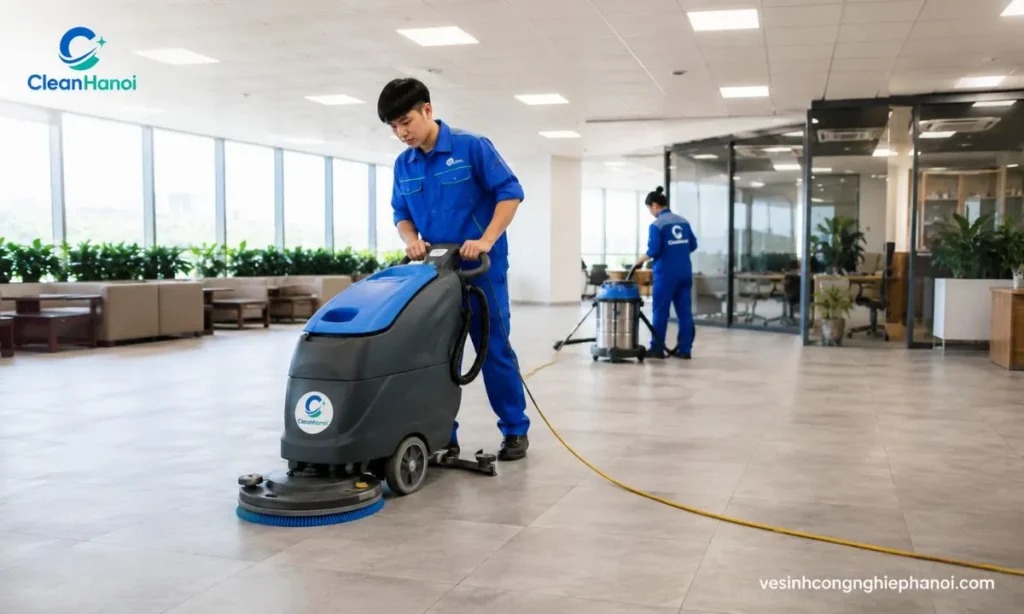 Nhân viên CleanHanoi hút bụi và chà sàn tại mặt bằng cần vệ sinh