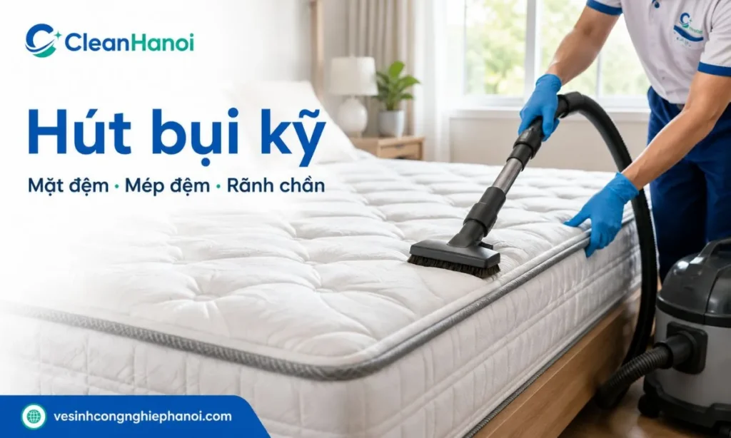 Hút bụi đệm lò xo ở mặt đệm, mép đệm, đường may và rãnh chần bông