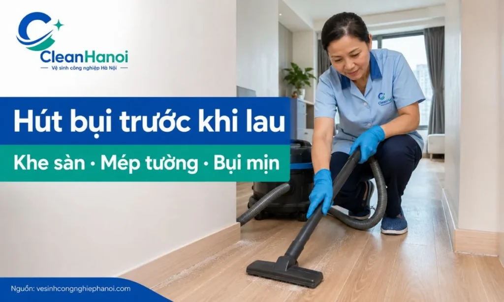Hút bụi khô sàn gỗ công nghiệp bằng đầu hút mềm trước khi lau ẩm
