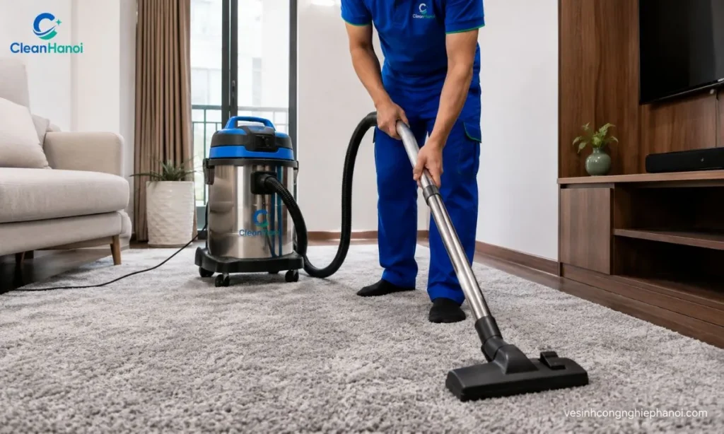 Nhân viên hút bụi, tóc và vụn bẩn trên thảm trước khi giặt