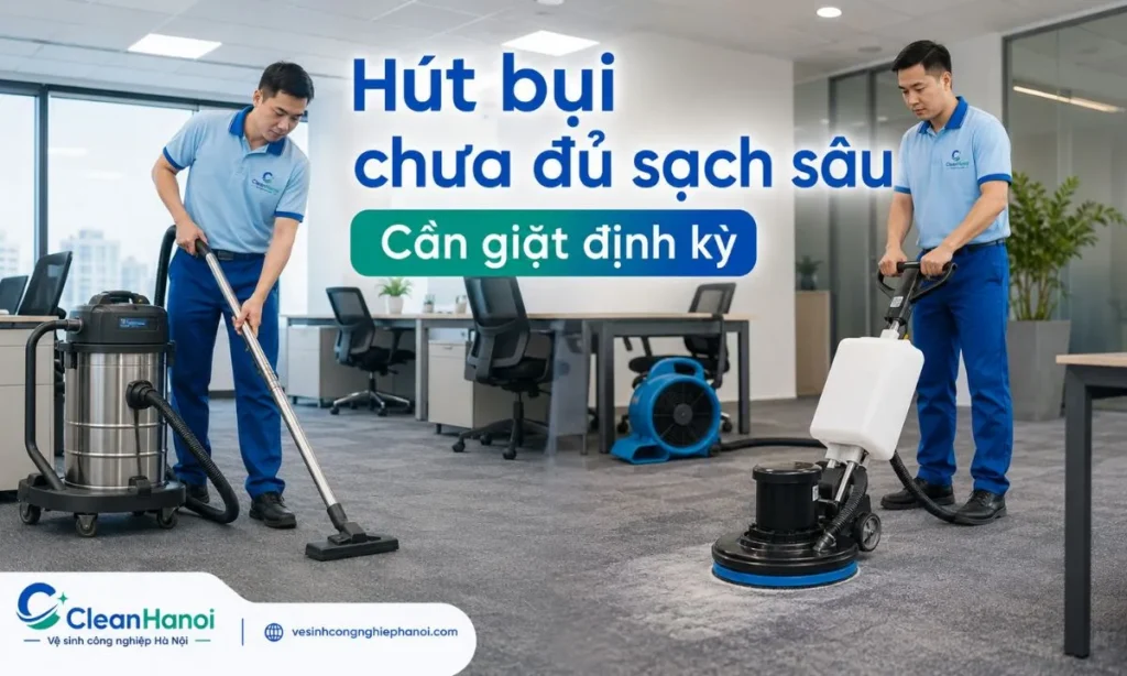 Hút bụi giúp loại bỏ bụi khô trên bề mặt thảm nhưng không thay thế giặt thảm định kỳ để xử lý mùi ẩm, vết bẩn, cặn sâu và tình trạng thảm bết sợi.