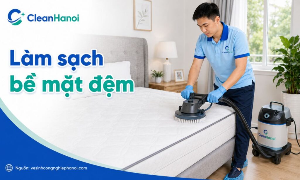 Ảnh thể hiện bước hút bụi bề mặt đệm, làm sạch tóc, bụi mịn, lông thú cưng và các chất bẩn khô trước khi giặt.