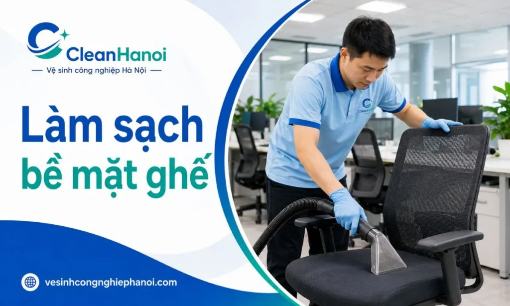 Ảnh minh họa bước hút bụi, làm sạch tóc, vụn bẩn, bụi vải và mảng bám trên ghế văn phòng trước khi giặt.