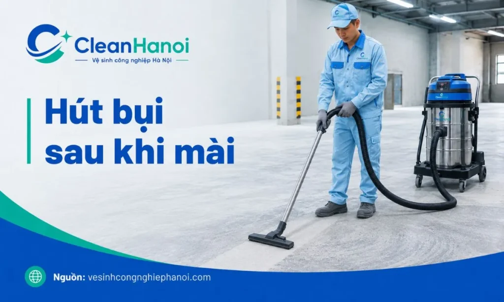 Ảnh minh họa bước hút bụi và vệ sinh bề mặt sau khi mài sàn bê tông, giúp khu vực thi công gọn hơn trước khi bàn giao.