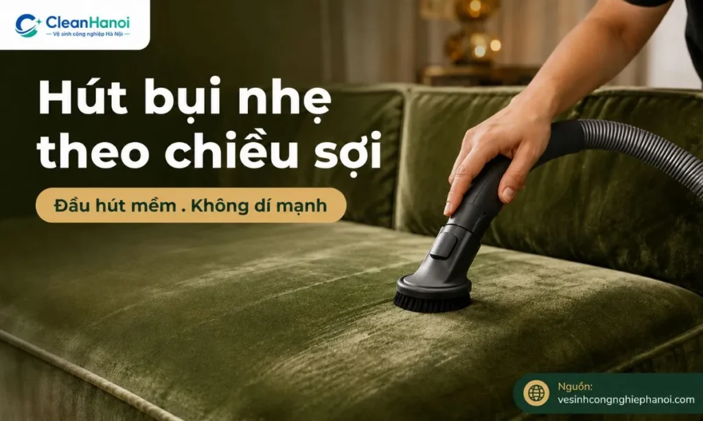 Hút bụi sofa nhung nên dùng đầu hút mềm, lực hút vừa phải, đi nhẹ theo chiều sợi và tập trung các vị trí như đệm ngồi, tay vịn, lưng tựa, khe ghế và đường may.