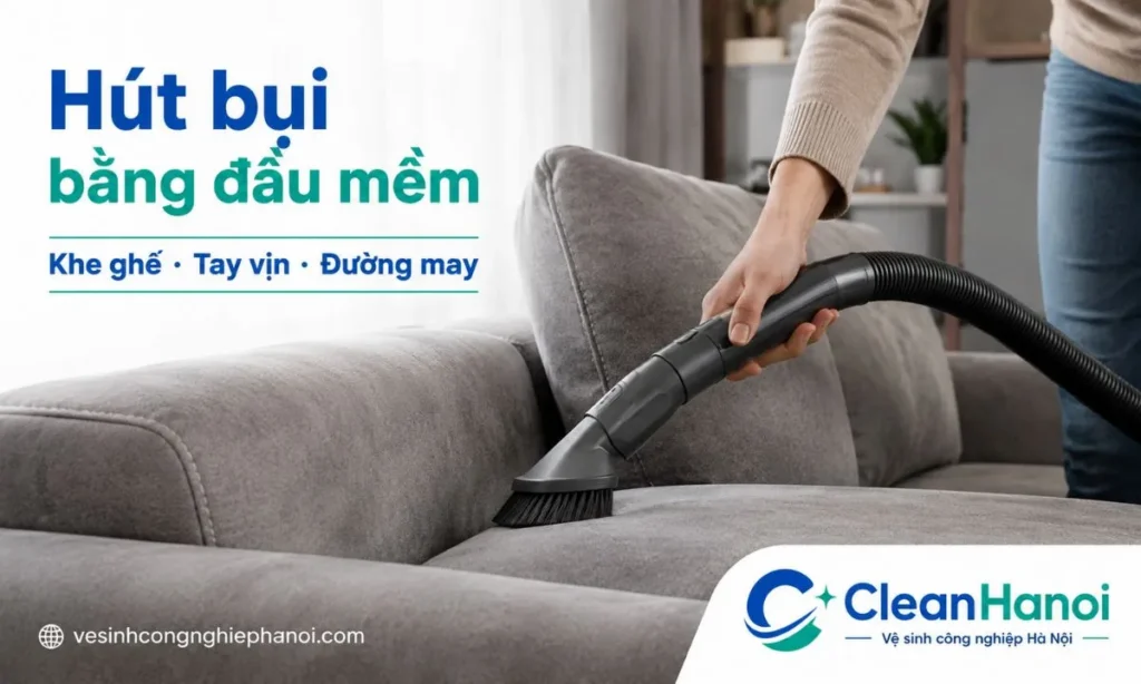 Hút bụi sofa nỉ bằng đầu hút mềm giúp loại bỏ bụi mịn, tóc, lông thú cưng và vụn nhỏ ở khe ghế, tay vịn, đường may và bề mặt nỉ.