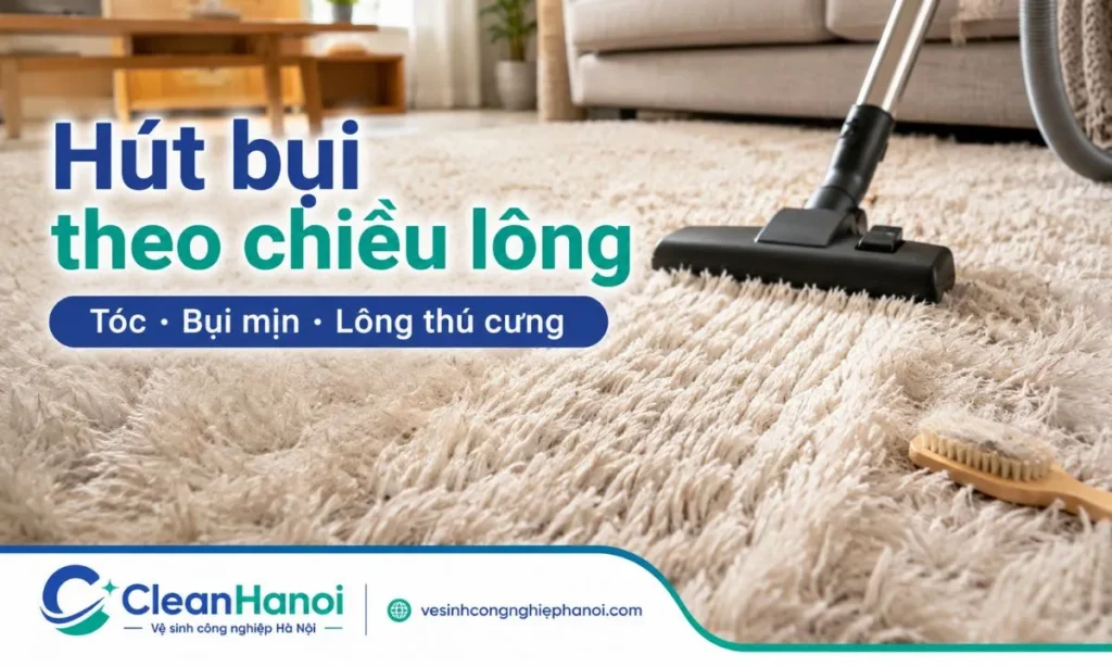 Hút bụi thảm lông theo chiều lông giúp loại bỏ bụi mịn, tóc, lông thú cưng và vụn bẩn mắc trong sợi thảm, hạn chế thảm nhanh bết và có mùi.