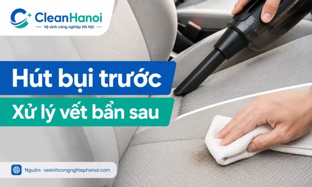 Hình ảnh mô tả bước quan trọng khi vệ sinh ghế nỉ ô tô: hút bụi kỹ ở khe ghế và xử lý vết bẩn cục bộ trước khi lau toàn bộ bề mặt.