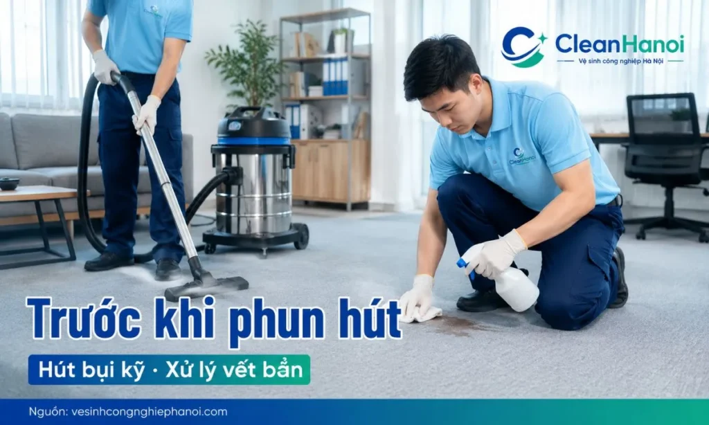 Hình ảnh minh họa bước hút bụi khô, loại bỏ tóc, cát, vụn rác và xử lý vết cà phê, nước ngọt, dầu mỡ trước khi dùng máy phun hút giặt thảm.