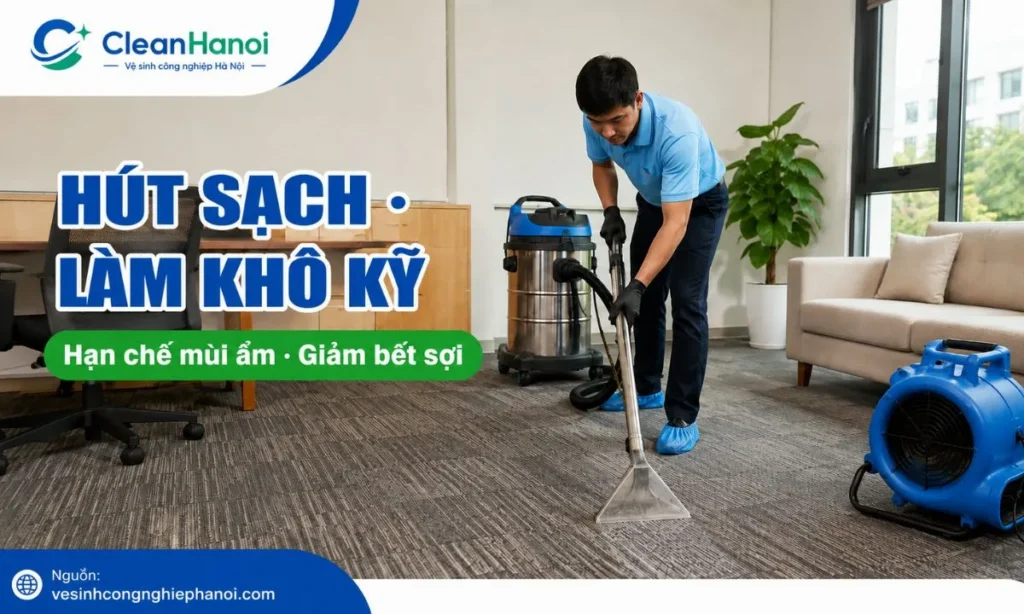Nhân viên sử dụng máy phun hút và quạt thổi để hút nước bẩn, cặn hóa chất và làm khô thảm sau khi giặt, giúp hạn chế mùi ẩm và hiện tượng thảm nhanh bẩn lại.