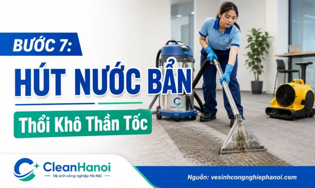 Kỹ thuật viên CleanHanoi đang dùng máy phun hút công nghiệp để thu hồi hóa chất và nước bẩn