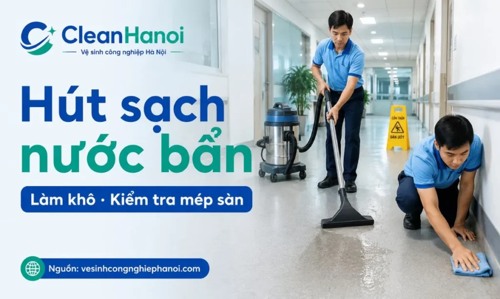 Hình ảnh minh họa bước hút nước bẩn, lau lại nếu còn cặn, làm khô và kiểm tra mép sàn, chân tường, góc phòng sau khi vệ sinh công nghiệp sàn vinyl.