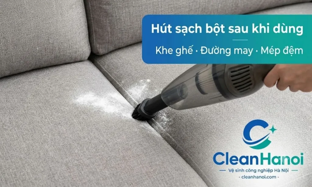 Sau khi dùng baking soda trên sofa, cần hút sạch bột bằng máy hút bụi đầu mềm, chú ý khe ghế, đường may, tay vịn và mép đệm để tránh cặn trắng, bết mặt hoặc mùi khó chịu khi gặp ẩm.