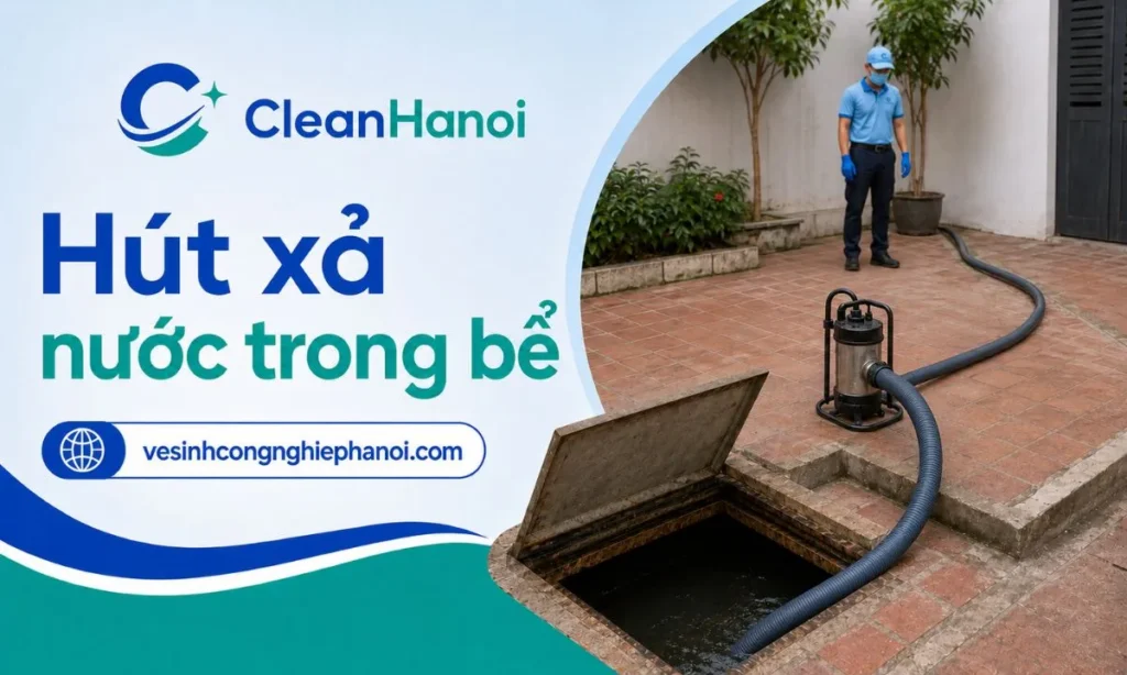 Ảnh thể hiện bước hút hoặc xả nước trong bể nước ngầm trước khi thu gom cặn bẩn, bùn lắng và chà rửa bề mặt bên trong bể.