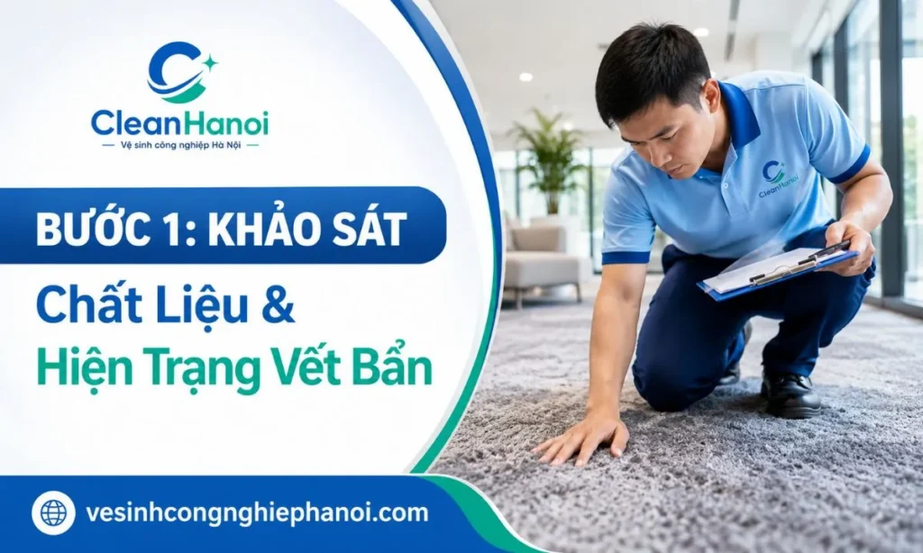 Kỹ thuật viên CleanHanoi đang kiểm tra chất liệu và thử màu thảm để chọn hóa chất phù hợp