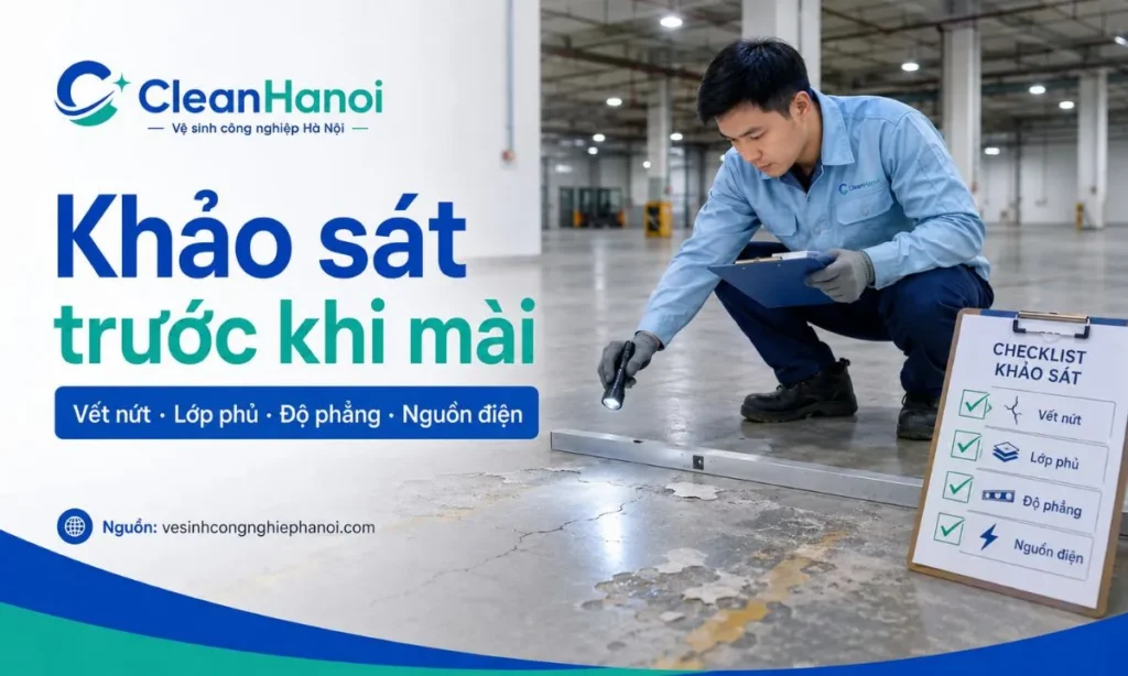 Hình ảnh minh họa bước khảo sát nền bê tông trước khi thi công, kiểm tra diện tích, độ phẳng, vết nứt, lớp sơn, keo, dầu mỡ, vữa và điều kiện điện nước.