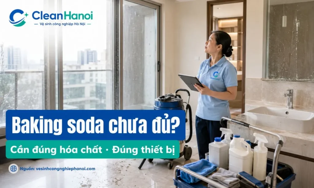 Hình ảnh minh họa các trường hợp baking soda không đủ xử lý như bụi xi măng, keo silicone, vết sơn, dầu mỡ lâu ngày, cặn canxi, kính bẩn và sàn cần chà máy.