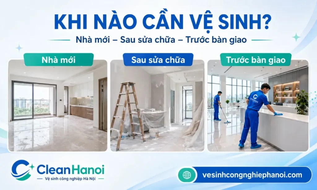 các trường hợp cần tổng vệ sinh gồm nhà mới, công trình sau sửa chữa và mặt bằng trước bàn giao.
