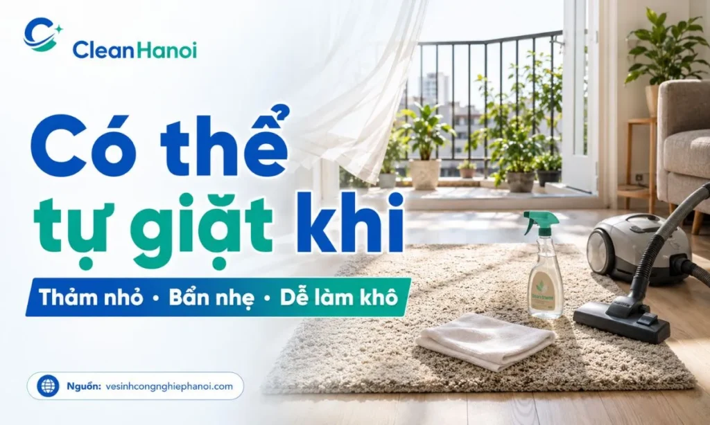 Hình ảnh minh họa các trường hợp có thể tự giặt thảm tại nhà như thảm nhỏ, vết bẩn mới, chất liệu phổ thông và có ban công hoặc nơi thông gió để làm khô.