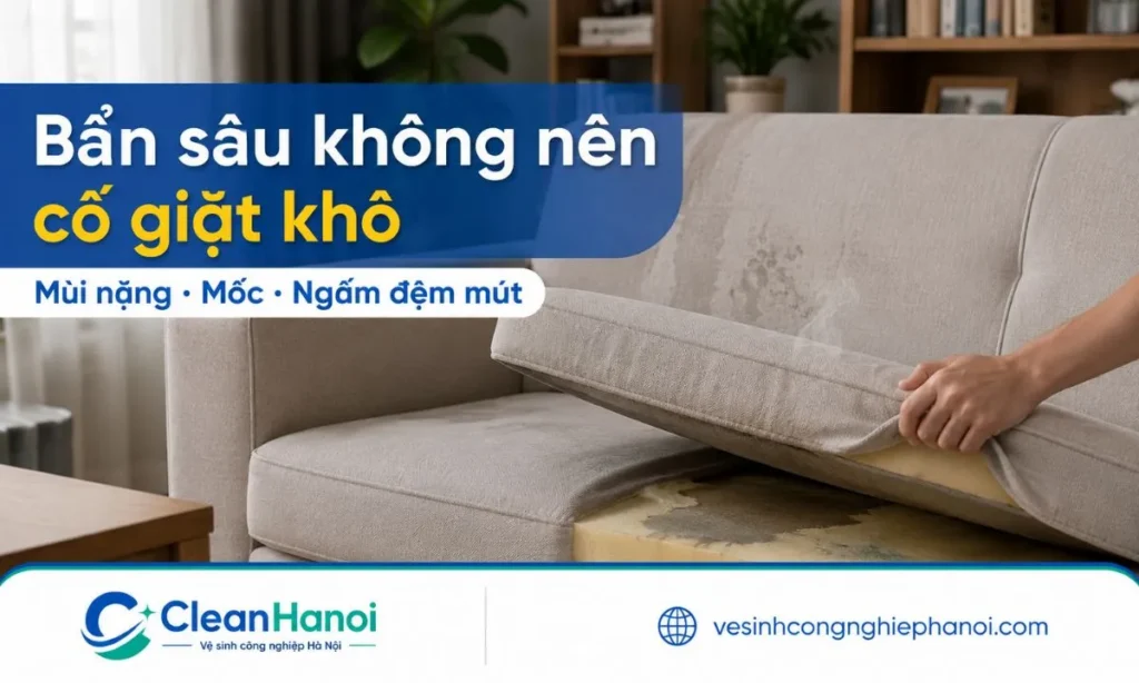 Giặt khô sofa tại nhà thường không đủ hiệu quả với vết bẩn đã ngấm sâu như nước tiểu thú cưng, dầu mỡ, cà phê lâu ngày, mốc nặng hoặc mùi ẩm trong đệm mút.