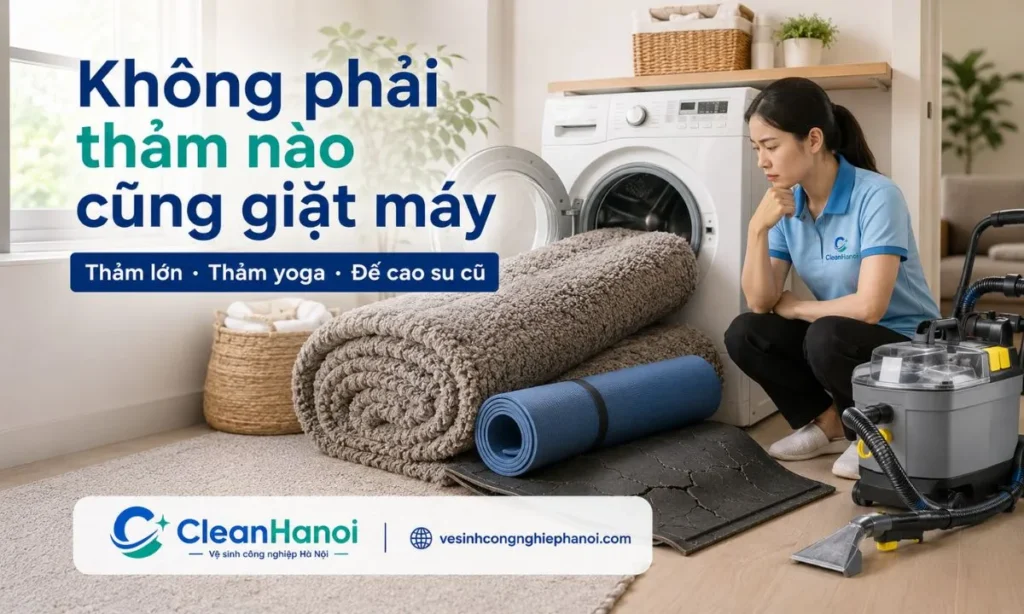 Không nên tự giặt thảm bằng máy giặt gia đình với thảm lớn, thảm dày, thảm giữ nhiều nước, thảm trải sàn cố định, thảm yoga, thảm đế cao su cũ hoặc thảm có mùi ẩm mốc nặng.