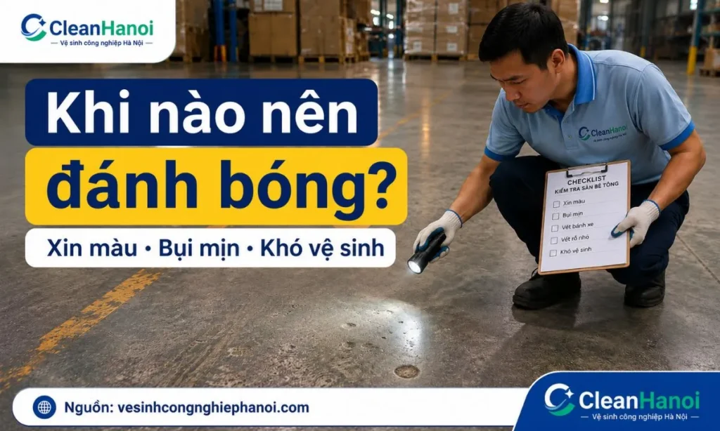 Hình ảnh minh họa các dấu hiệu nên đánh bóng sàn bê tông như bề mặt xỉn màu, thô nhám, bụi mịn, rỗ nhẹ, trầy xước và khó lau chùi trong nhà xưởng hoặc showroom.