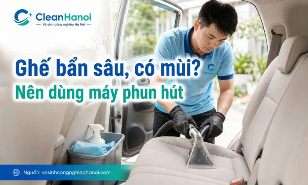 Hình ảnh minh họa trường hợp ghế nỉ ô tô bẩn sâu, có mùi ẩm hoặc vết bẩn lâu ngày cần dùng máy phun hút hoặc dịch vụ vệ sinh chuyên dụng thay vì chỉ lau tay tại nhà.