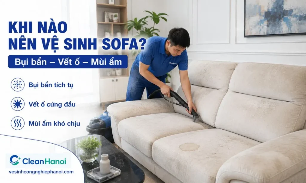 Dấu hiệu sofa cần vệ sinh gồm bụi khe ghế, vết bám và mùi ẩm