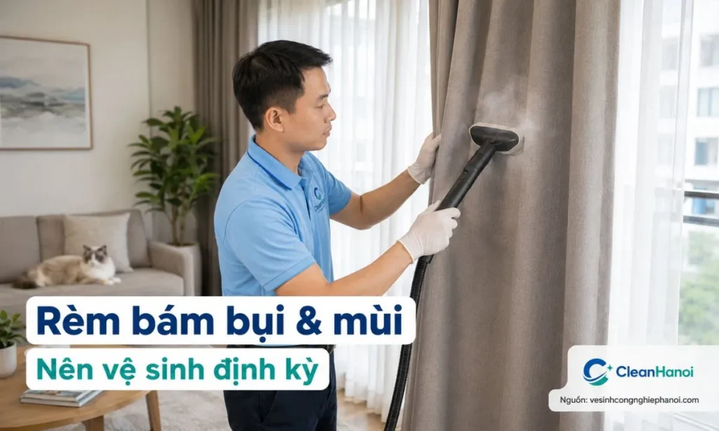 Rèm cửa nên được vệ sinh khi bám bụi, có mùi ẩm, ám mùi thuốc lá, mùi thức ăn, lông thú hoặc bụi sau xây dựng.