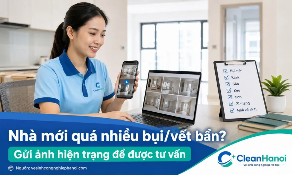 Hình ảnh minh họa trường hợp nên thuê dịch vụ vệ sinh sau xây dựng khi nhà mới có nhiều bụi mịn, vết sơn, keo silicon, xi măng, kính cao, sàn dễ xước hoặc cần bàn giao nhanh.