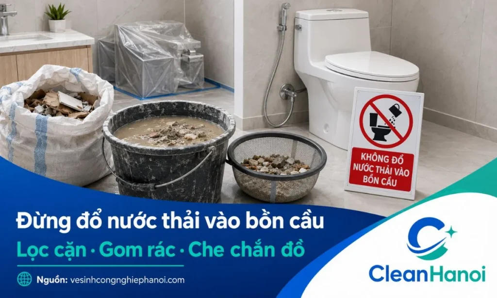 Hình ảnh cảnh báo không đổ nước thải vệ sinh sau xây dựng chứa cát, xi măng, vữa, sơn, keo và rác nhỏ vào bồn cầu; đồng thời cần che chắn, di chuyển đồ dùng nhỏ trước khi làm sạch.