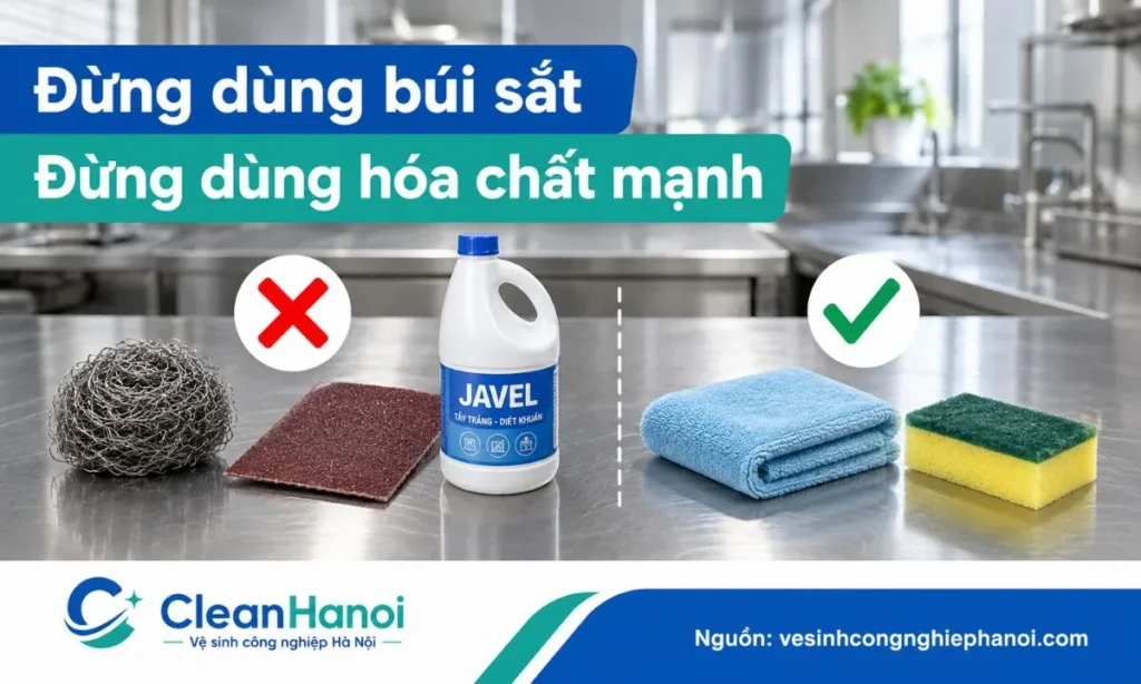 Không nên dùng búi sắt, Javel, axit mạnh hoặc chất tẩy bồn cầu để tẩy rỉ inox