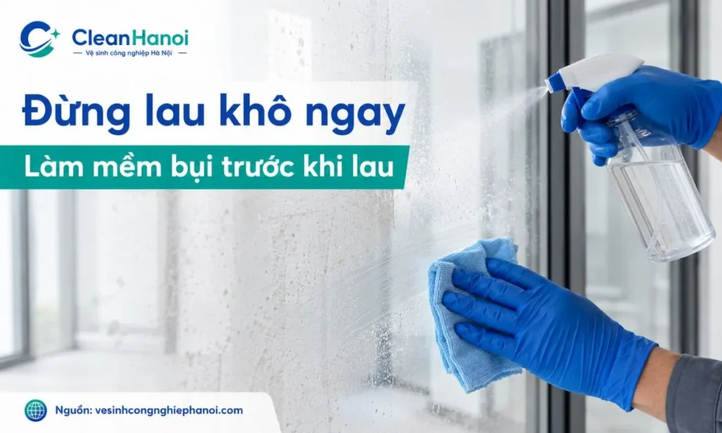 Không lau khô kính khi còn bụi xi măng để hạn chế xước dăm