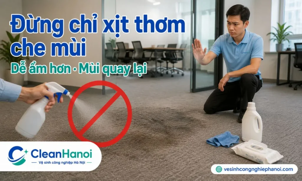 Xịt thơm, nước hoa, nước lau sàn, bột giặt hoặc hóa chất không rõ thành phần lên thảm có thể chỉ che mùi tạm thời, làm thảm ẩm hơn, bết sợi, loang màu hoặc nặng mùi hơn.
