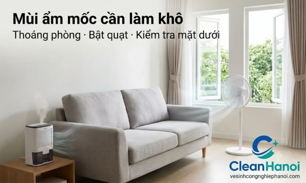 Mùi ẩm mốc trên sofa cần được xử lý bằng cách làm khô sofa và phòng, mở cửa, bật quạt, dùng máy hút ẩm nếu có và kiểm tra mặt dưới, khe ghế, tay vịn hoặc khu vực sát tường.