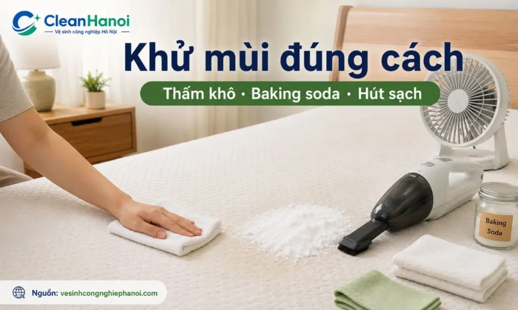 Khi đệm xốp bị nước tiểu, mồ hôi hoặc mùi ẩm, nên thấm khô sớm, lau điểm bẩn bằng dung dịch nhẹ, rắc một lớp mỏng baking soda khi vùng xử lý đã bớt ẩm và hút sạch lại.