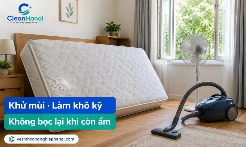 Khử mùi và làm khô đệm bông ép bằng baking soda, máy hút bụi và quạt