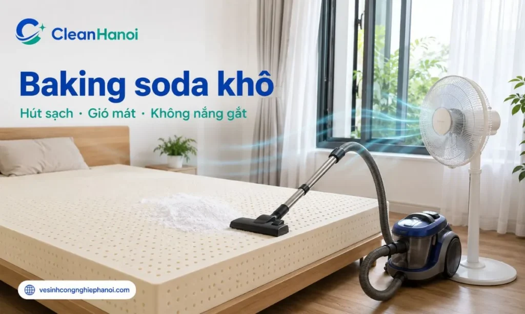 Khử mùi đệm cao su bằng baking soda khô và làm khô bằng quạt gió mát
