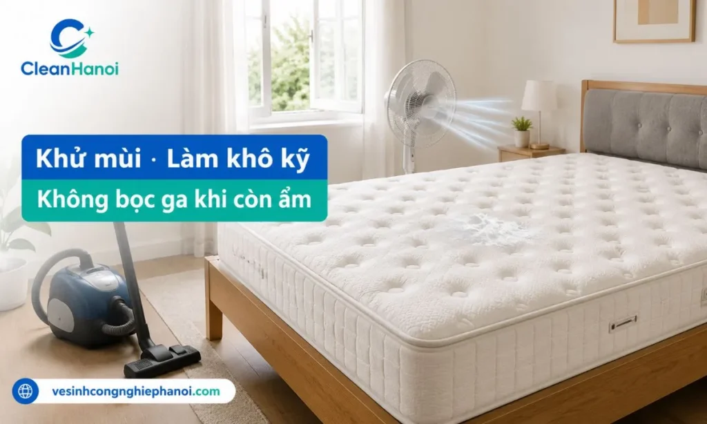 Khử mùi và làm khô đệm lò xo bằng baking soda, máy hút bụi và quạt