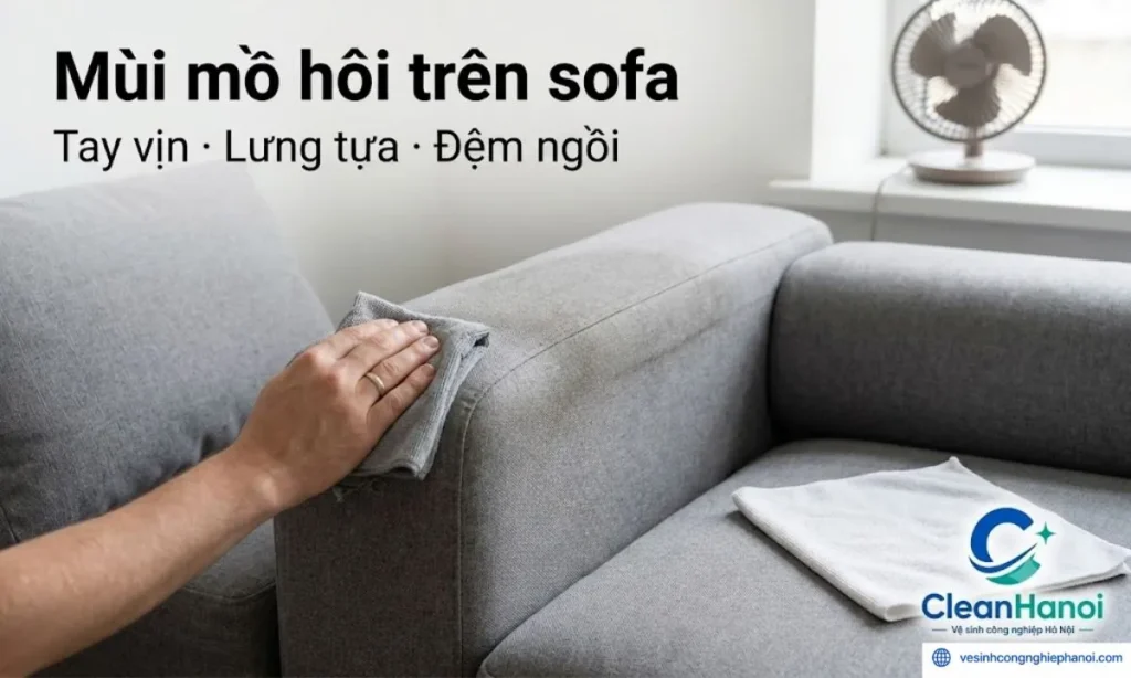 Mùi mồ hôi và dầu cơ thể trên sofa thường bám ở tay vịn, lưng tựa và vị trí ngồi; nên hút bụi, lau nhẹ bằng khăn ẩm vắt ráo, thấm khô và làm khô bằng quạt.