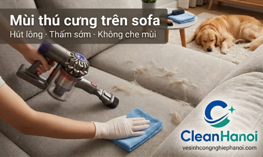 Khi sofa có mùi thú cưng hoặc nước tiểu, cần hút sạch lông, kiểm tra vùng có mùi nặng, thấm khô vết mới từ ngoài vào trong và làm khô kỹ thay vì chỉ xịt thơm để che mùi.