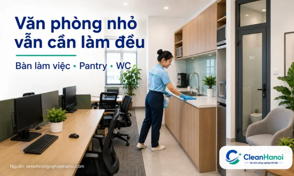 Văn phòng nhỏ vẫn cần vệ sinh đều các khu vực như bàn làm việc, sàn, khu tiếp khách, phòng họp, pantry, WC, cửa kính, vách kính và khu ra vào.