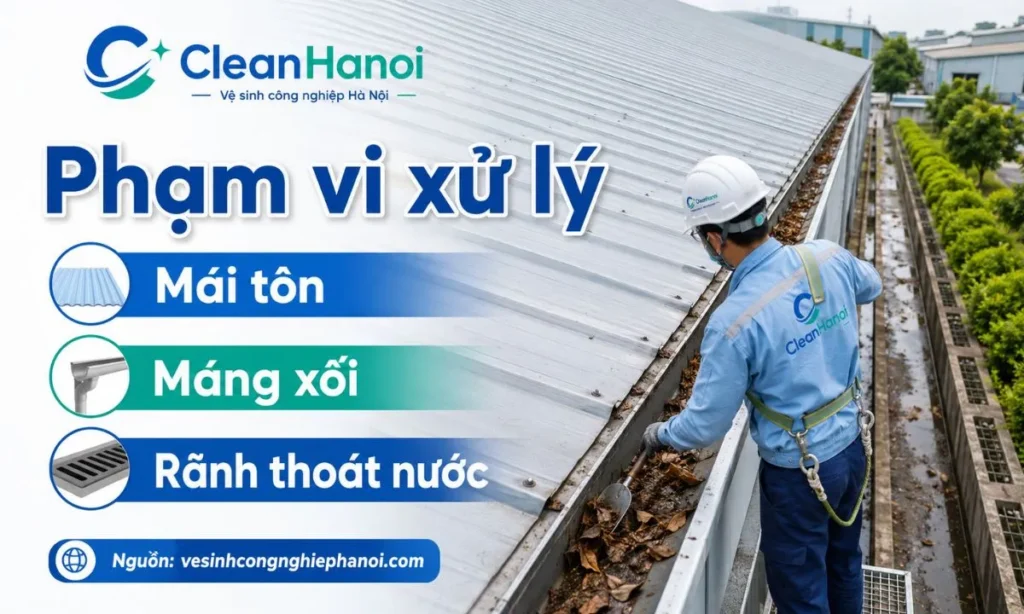 Hình ảnh minh họa các khu vực thường được vệ sinh trên mái nhà xưởng gồm bề mặt mái tôn, mái panel, máng xối, rãnh thoát nước và khu vực dễ đọng rác.